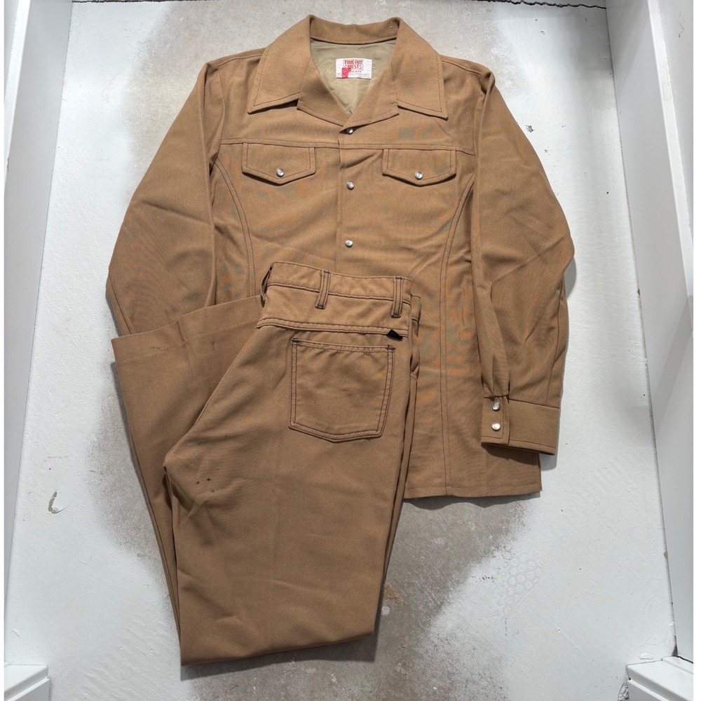 Vintage 70s Farah Time Out West Leisure Suit Tan Western Shirt Pants Set Mens